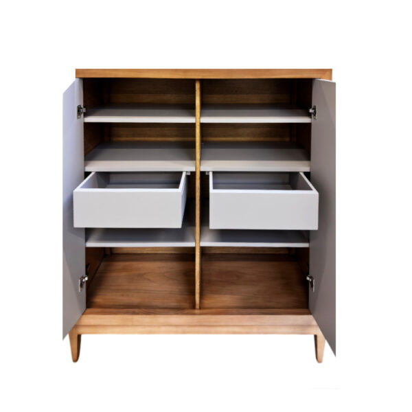 2 portes, 6 étagères, 2 tiroirs/tablettes intérieur, 1 séparation
